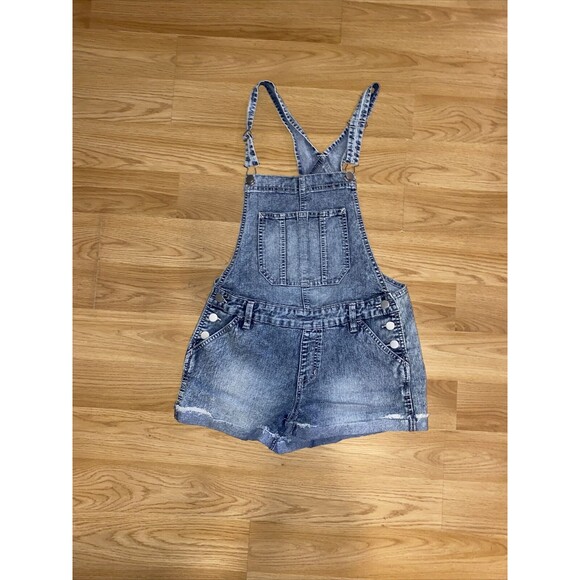 No Boundaries Bib overall Jeans Shorts Juniors Size Medium Roll Hem Distressed - Picture 1 of 4
